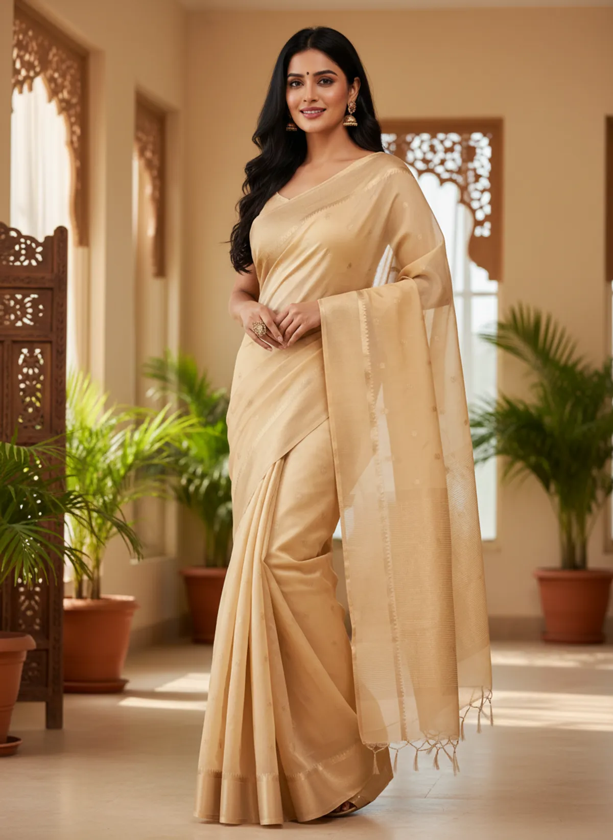 Golden Banarasi Premium Silk Booti Saree Authentic Indian Silk Saree